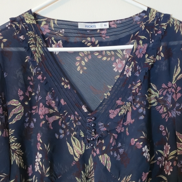 Ricki's Floral Chiffon V-Neck Blouse Size 16 Whimsigoth Poetcore Balloon Sleeve - Picture 7 of 14